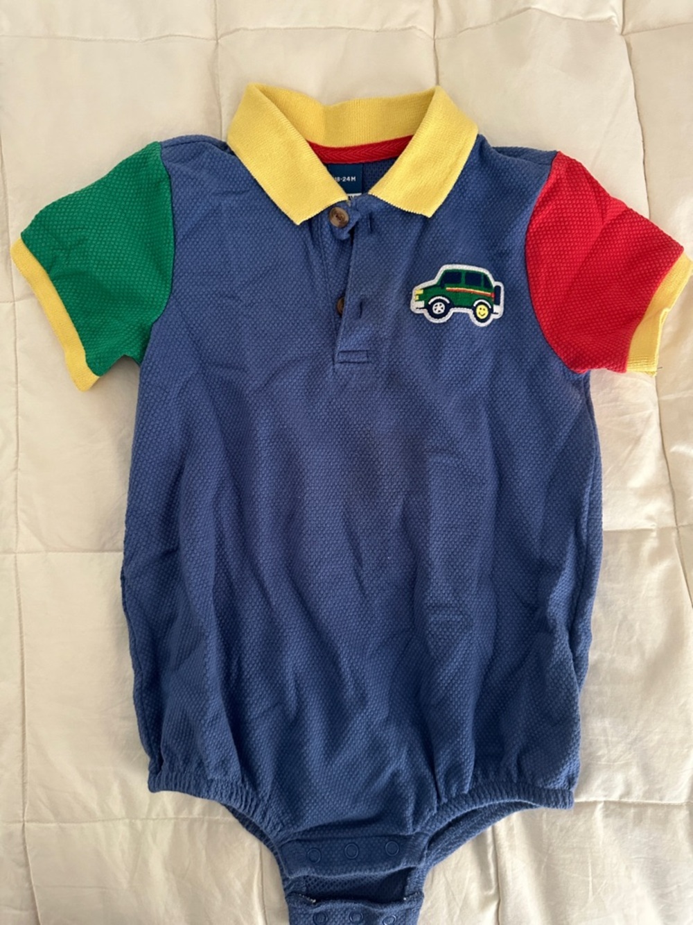 Old Navy Blue Polo Bodysuit with Yellow Collar & Multicolor Sleeves